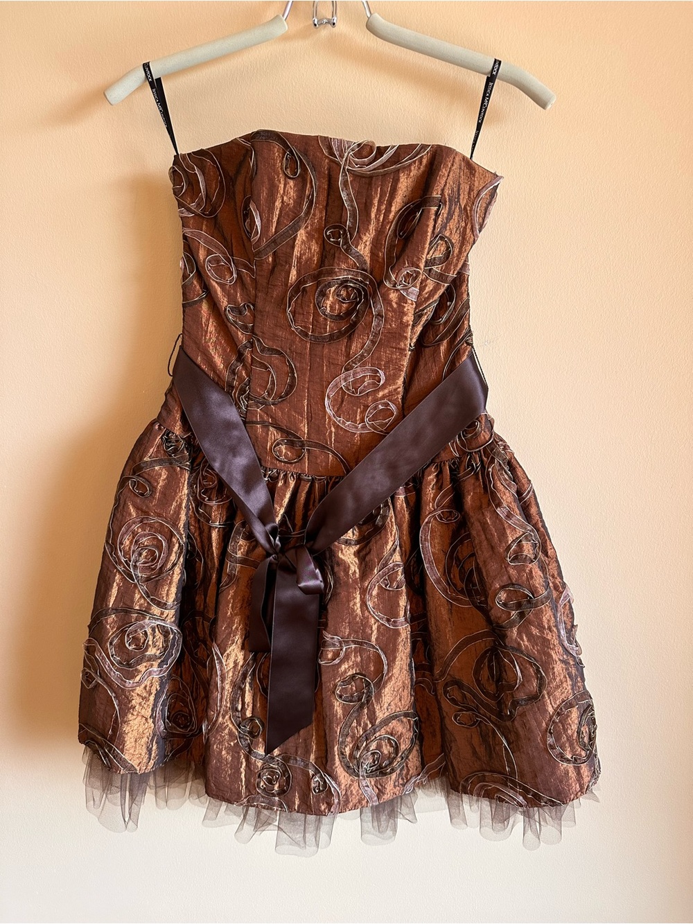 Jessica McClintock Brown Metallic Strapless Mini Dress. Size 6, Petite.